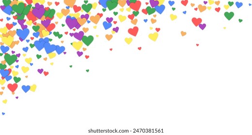 Falling hearts valentine card template. Rainbow colored scattered hearts. LGBT valentine card.  Chaotic falling hearts vector illustration.