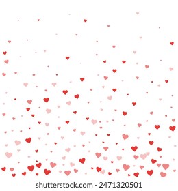 Falling hearts valentine card template. Red hearts scattered on white background. Chaotic falling hearts vector illustration.