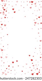 Falling hearts valentine card template. Red hearts scattered on white background. Chaotic falling hearts vector illustration.