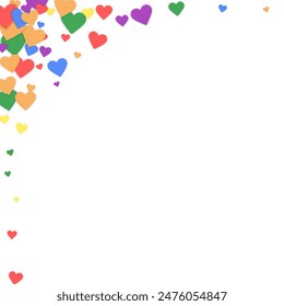 Falling hearts valentine card template. Rainbow colored scattered hearts. LGBT valentine card.  Chaotic falling hearts vector illustration.