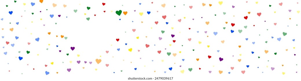 Falling hearts valentine card template. Rainbow colored scattered hearts. LGBT valentine card.  Chaotic falling hearts vector illustration.