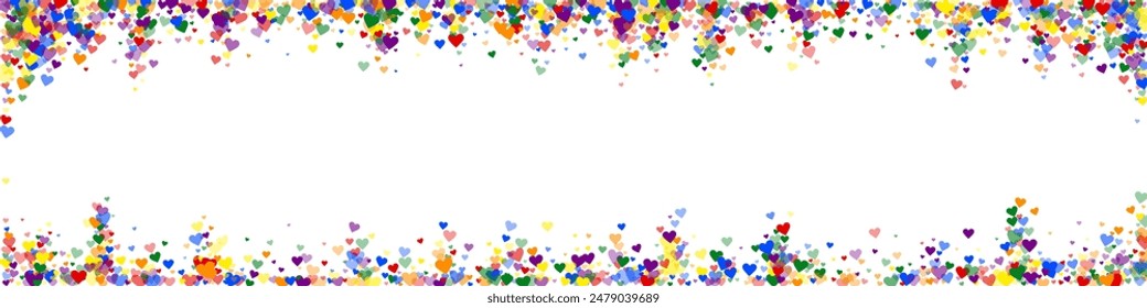 Falling hearts valentine card template. Rainbow colored scattered hearts. LGBT valentine card.  Chaotic falling hearts vector illustration.