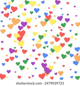 Falling hearts valentine card template. Rainbow colored scattered hearts. LGBT valentine card.  Chaotic falling hearts vector illustration.