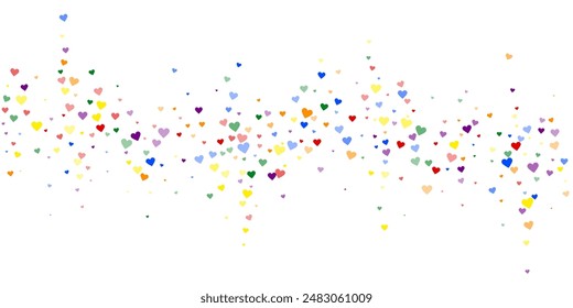 Falling hearts valentine card template. Rainbow colored scattered hearts. LGBT valentine card.  Chaotic falling hearts vector illustration.