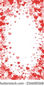 Falling hearts valentine card template. Red hearts scattered on white background. Chaotic falling hearts vector illustration.