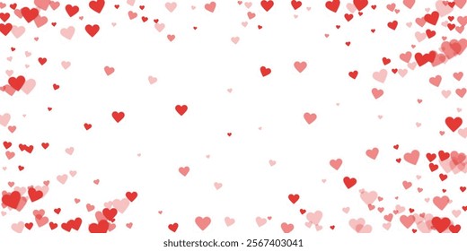 Falling hearts valentine card template. Red hearts scattered on white background. Chaotic falling hearts vector illustration.