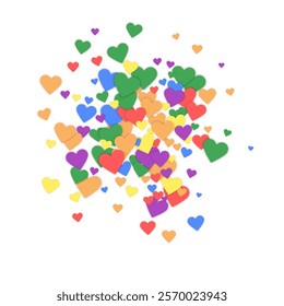 Falling hearts valentine card template. Rainbow colored scattered hearts. LGBT valentine card. Chaotic falling hearts vector illustration.