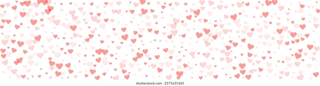 Falling hearts valentine card template. Red hearts scattered on white background. Chaotic falling hearts vector illustration.