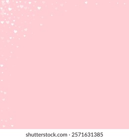 Falling hearts valentine card template. White hearts scattered on pink background. Chaotic falling hearts vector illustration.