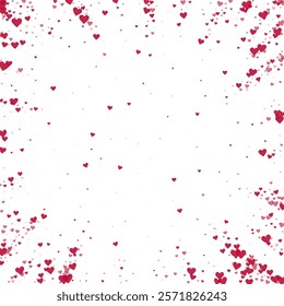 Falling hearts valentine card template. Red hearts scattered on white background. Chaotic falling hearts vector illustration.