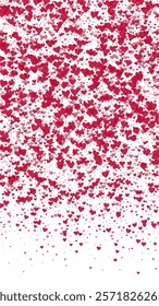 Falling hearts valentine card template. Red hearts scattered on white background. Chaotic falling hearts vector illustration.