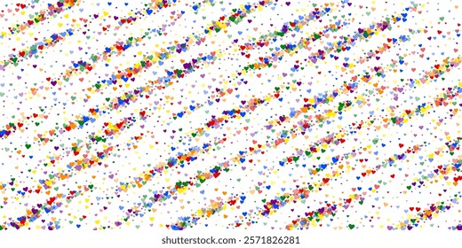 Falling hearts valentine card template. Rainbow colored scattered hearts. LGBT valentine card.  Chaotic falling hearts vector illustration.