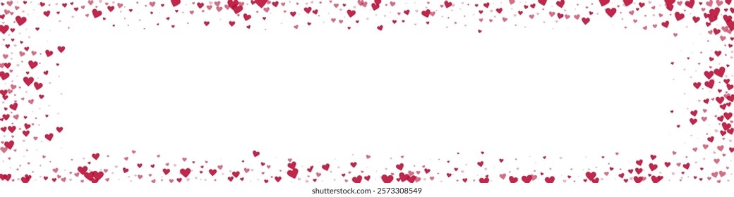 Falling hearts valentine card template. Red hearts scattered on white background. Chaotic falling hearts vector illustration.
