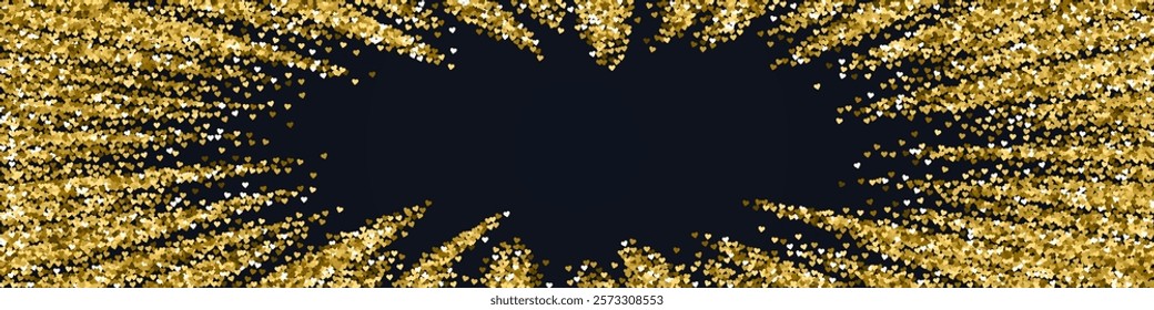 Falling hearts valentine card template. Gold hearts scattered on black background. Chaotic falling hearts vector illustration.