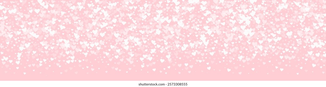 Falling hearts valentine card template. White hearts scattered on pink background. Chaotic falling hearts vector illustration.