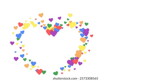 Falling hearts valentine card template. Rainbow colored scattered hearts. LGBT valentine card.  Chaotic falling hearts vector illustration.