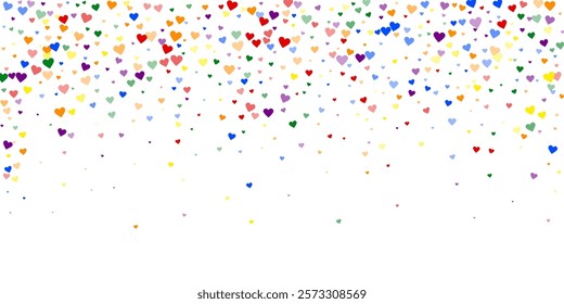 Falling hearts valentine card template. Rainbow colored scattered hearts. LGBT valentine card.  Chaotic falling hearts vector illustration.