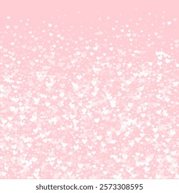 Falling hearts valentine card template. White hearts scattered on pink background. Chaotic falling hearts vector illustration.