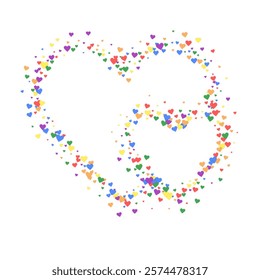 Falling hearts valentine card template. Rainbow colored scattered hearts. LGBT valentine card.  Chaotic falling hearts vector illustration.