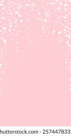 Falling hearts valentine card template. White hearts scattered on pink background. Chaotic falling hearts vector illustration.