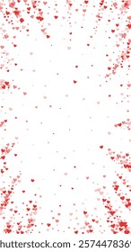 Falling hearts valentine card template. Red hearts scattered on white background. Chaotic falling hearts vector illustration.