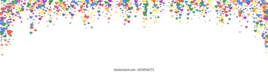 Falling hearts valentine card template. Rainbow colored scattered hearts. LGBT valentine card.  Chaotic falling hearts vector illustration.