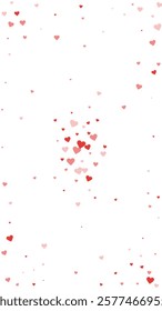 Falling hearts valentine card template. Red hearts scattered on white background. Chaotic falling hearts vector illustration.