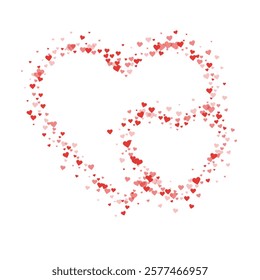 Falling hearts valentine card template. Red hearts scattered on white background. Chaotic falling hearts vector illustration.