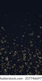 Falling hearts valentine card template. Gold hearts scattered on black background. Chaotic falling hearts vector illustration.