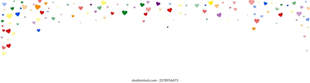 Falling hearts valentine card template. Rainbow colored scattered hearts. LGBT valentine card.  Chaotic falling hearts vector illustration.