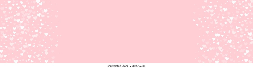 Falling hearts valentine card template. White hearts scattered on pink background. Chaotic falling hearts vector illustration.