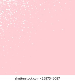 Falling hearts valentine card template. White hearts scattered on pink background. Chaotic falling hearts vector illustration.