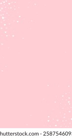Falling hearts valentine card template. White hearts scattered on pink background. Chaotic falling hearts vector illustration.