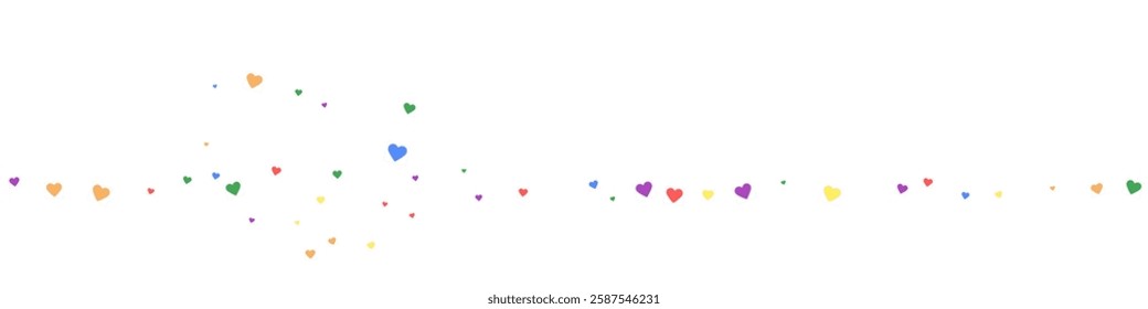 Falling hearts valentine card template. Rainbow colored scattered hearts. LGBT valentine card.  Chaotic falling hearts vector illustration.