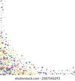 Falling hearts valentine card template. Rainbow colored scattered hearts. LGBT valentine card.  Chaotic falling hearts vector illustration.