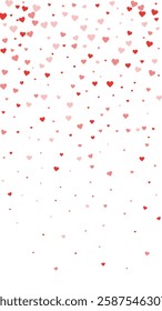 Falling hearts valentine card template. Red hearts scattered on white background. Chaotic falling hearts vector illustration.