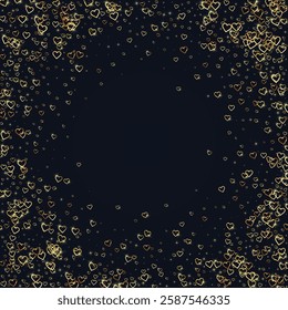 Falling hearts valentine card template. Gold hearts scattered on black background. Chaotic falling hearts vector illustration.