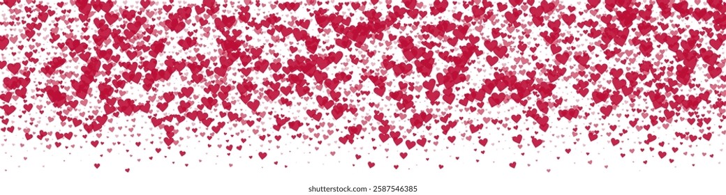 Falling hearts valentine card template. Red hearts scattered on white background. Chaotic falling hearts vector illustration.