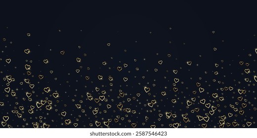 Falling hearts valentine card template. Gold hearts scattered on black background. Chaotic falling hearts vector illustration.