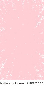 Falling hearts valentine card template. White hearts scattered on pink background. Chaotic falling hearts vector illustration.