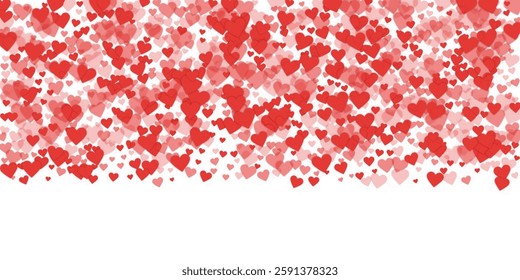 Falling hearts valentine card template. Red hearts scattered on white background. Chaotic falling hearts vector illustration.