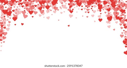 Falling hearts valentine card template. Red hearts scattered on white background. Chaotic falling hearts vector illustration.