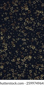 Falling hearts valentine card template. Gold hearts scattered on black background. Chaotic falling hearts vector illustration.