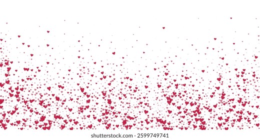 Falling hearts valentine card template. Red hearts scattered on white background. Chaotic falling hearts vector illustration.
