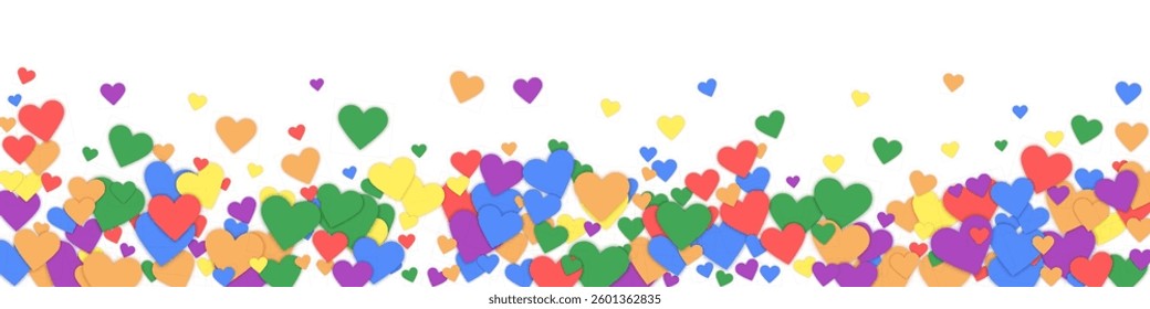 Falling hearts valentine card template. Rainbow colored scattered hearts. LGBT valentine card.  Chaotic falling hearts vector illustration.