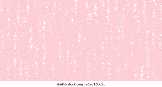 Falling hearts valentine card template. White hearts scattered on pink background. Chaotic falling hearts vector illustration.