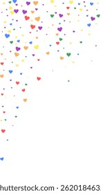 Falling hearts valentine card template. Rainbow colored scattered hearts. LGBT valentine card.  Chaotic falling hearts vector illustration.