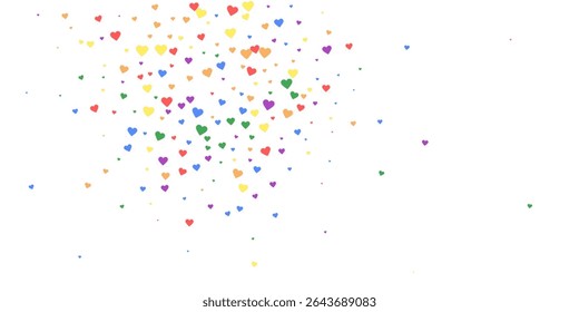 Plantilla de tarjeta de San Valentín de corazones caídos. Corazones dispersos de colores arcoíris. Tarjeta de San Valentín LGBT.  Caótica Ilustración vectorial de corazones caídos.