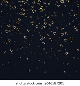 Plantilla de tarjeta de San Valentín de corazones caídos. Corazones de oro dispersos sobre fondo negro. Caótica Ilustración vectorial de corazones caídos.