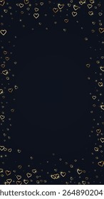 Falling hearts valentine card template. Gold hearts scattered on black background. Chaotic falling hearts vector illustration.